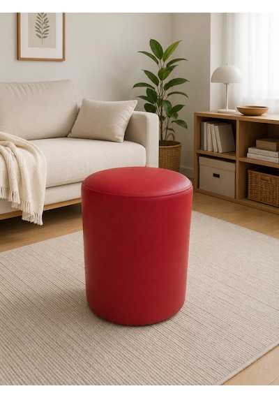 Kırmızı Deri Puf 40x45 Cm Silindir Tasarım Dekoratif Oturma Pufu Salon Yatak Odası Antre