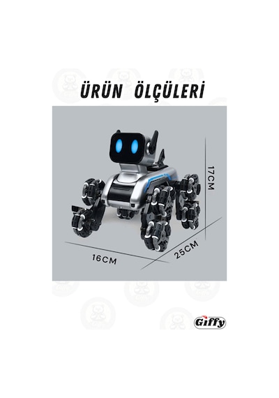 Bilekten Kontrol 8 Teker Buharlı Şarjlı Köpek Robot Araba Müzikli Ve Led Işık Kumandalı Robot Köpek Gri
