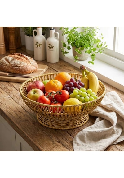 Biishe 31 Cm Plastik Rattan Servis Çanağı Doğal Hasır Görünümlü Dekoratif Meyve, Ekmek Ve Sunum K Çok Renkli