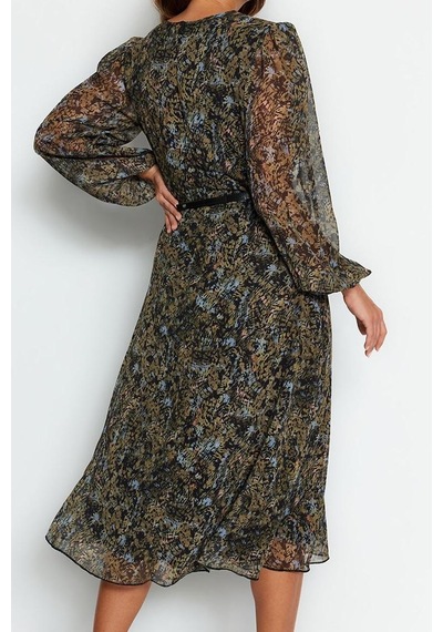Ersefa Moda Stil Regular Kruvaze Midi Boy Kemerli A Kesim Yaka Desenli Ş Bordo
