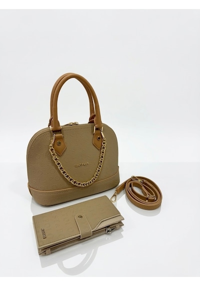 Just Polo Kadın Zincir Detaylı Lüks El & Omuz Çantası Ve Cüzdanı Kombin Shopper Ebat : 25x22 Cm Vizon