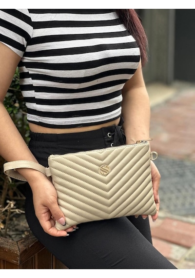 Sanmorris Kadın Suni Deri Kum Mat Ayarlanabilir Çapraz Ve El Askılı Deri Portföy, Clutch Çanta Kum - Bej