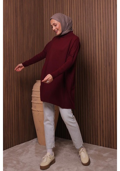 Balenbi Kadın Dik Yaka Basic 80cm Salaş Oversize Triko Tunik 1145 Bordo