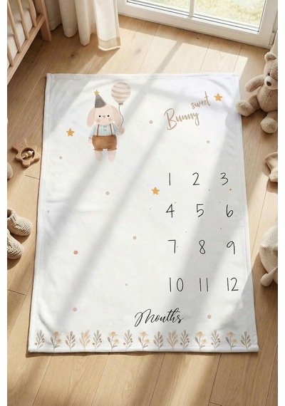 Bebek Anı Battaniyesi 100x150 Cm Aylık Gelişim Fotoğraf Battaniyesi Bunny Sweet Çok Renkli