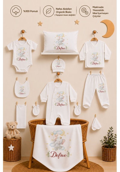 Pia Baby Kız Bebek Hastane Çıkışı 11 Parça %100 Pamuk İsimli Kişiye Özel Organik Baskılı Set 2043110x Ekru