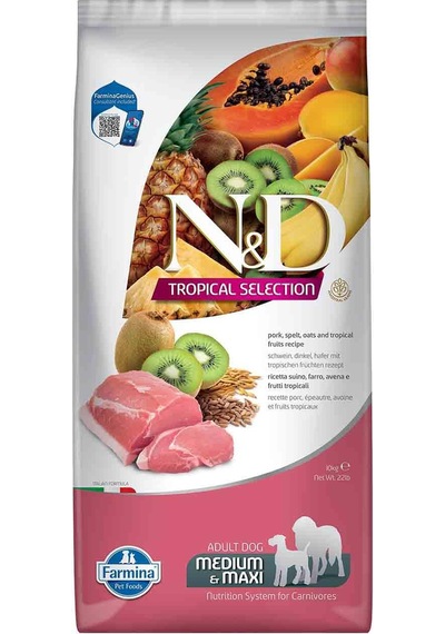 N&D Tropical Selection Düşük Tahıllı Domuzlu ve Tropikal Meyveli Orta Büyük Irk Yetişkin Köpek Maması 10 KG
