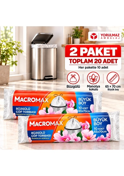 Macromax Manolya Kokulu Büzgülü Çöp Torbası Büyük Boy 65x70 Cm 2 Paket Toplam 20 Adet