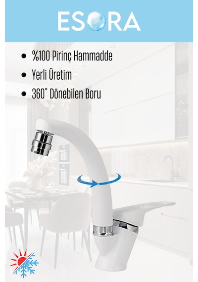Beyaz Krom Mix Oynar Başlıklı Lavabo Bataryası Çift Su Grişli Çeşme Banyo Musluğu Mutfak Çeşmesi Beyaz - Krom