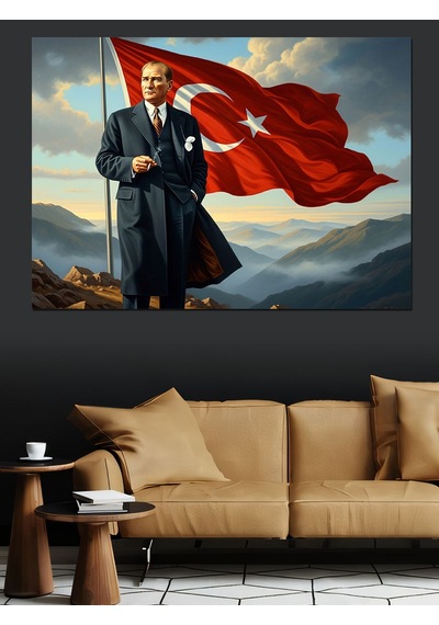 Tepede Dalgalanan Türk Bayrağı Ve Atatürk Dekoratif Kanvas - Mdf Ahşap Tablo