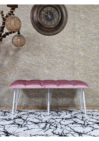 Zafir Metal Beyaz Tel Ayaklı 100 Cm Puf Bench - Puf - Bench - Oturak - Mutfak Oturağı - Antre Oturağı Pembe