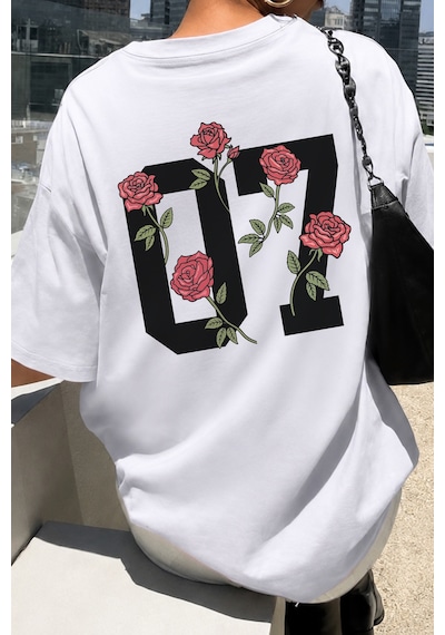 Spoyi Street Rose Tasarımlı %100 Pamuk Yarım Oversize Beyaz T-mhirt