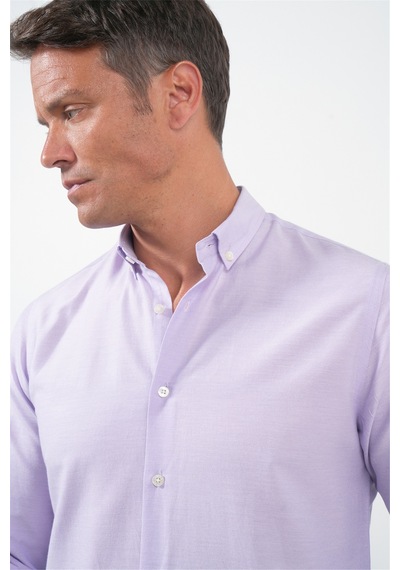 İmza Mor Düğmeli Yaka Uzun Kol Slim Fit Pamuklu Gömlek 1004260236 Lila