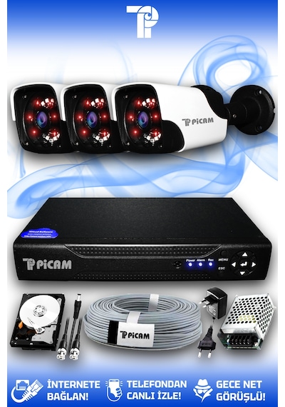 Picam 3 Kameralı Panda 3 Dış Kamera Set 2 TB HDD Full HD Gece Görüşlü Güvenlik Kamerası Sistemi