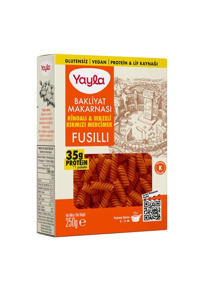 Yayla Glutensiz Kinoa Ve Sebze Kırmızı Mercimek Fusilli 250 G - 8 Adet Tarı