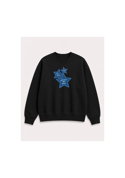 Herkesemoda Kot Efektli Yıldız Baskılı 2 İplik Şardonlu Bisiklet Yaka Sweatshirt Siyah