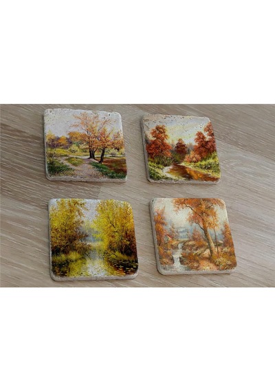 Sonbahar Manzarası Doğal Taş Bardak Altlığı 4'lü Set - Natural Stone Coasters - Taş Çok Renkli