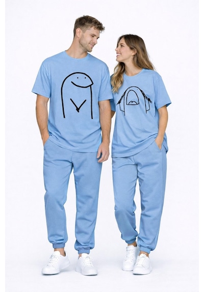 Sevgili Kombini Çift Tişört Oversize Unisex Matching Couple Minim Mavi