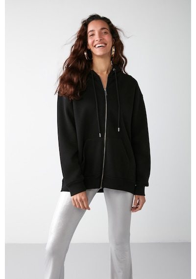 Grımelange Alena Kadın Basic Kanguru Cepli Oversize Organik Pamuk Fermuarlı Kapüşonlu Siyah Sweatshirt