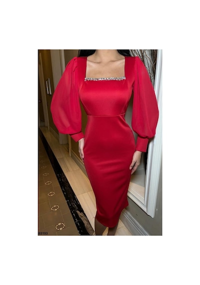 DefyModa Kadın Saten Kumaş Kare Yaka Balık Kesim Abiye Elbise Kırmızı