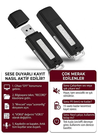 Usb Ses Kayıt Cihazı 16gb Ses Aktivasyonlu,tek Tuş, Ultra Mini