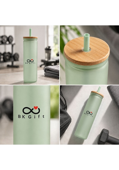 Logonuza Özel 10 Adet Plastik Pipetli Bambu Kapaklı 500 Ml Cam Suluk - Yeşil