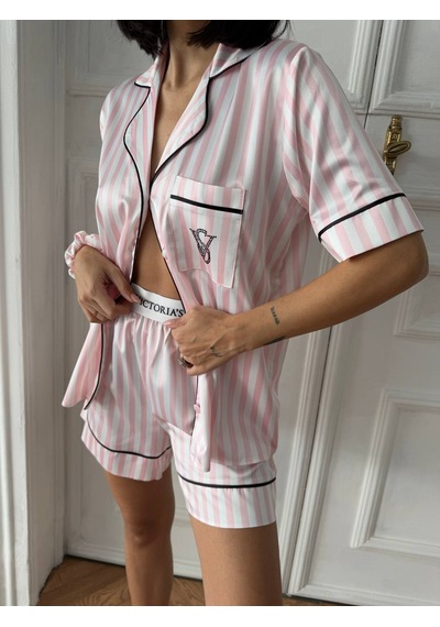 Victoria's Secret Kadın İkili İpek Saten Pijama Takımı Pembe - Beyaz