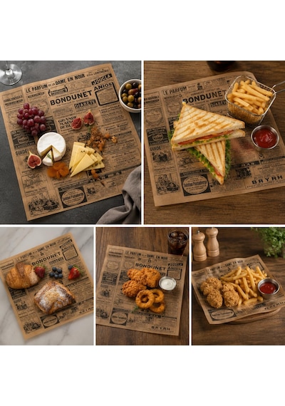 Jaova Vintage Baskılı Gıda Sunum Kağıdı Hamburger, Sandviç, Patates, Tost Ve Atıştırmalık Servis Kağıdı, Kafe Restoran Sunum Ve Paketleme Kağıdı