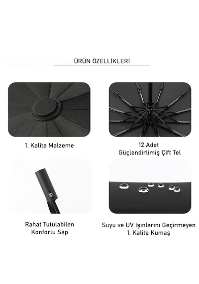 Aventus Umbrella Aventus 12tellı Uv Korumalı Extra Büyük Çaplı Şemsiye Siyah