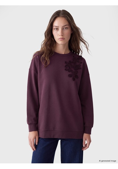 Lcw Modest Mürdüm Nakışlı Soft Touch Kadın Sweatshirt Tunik