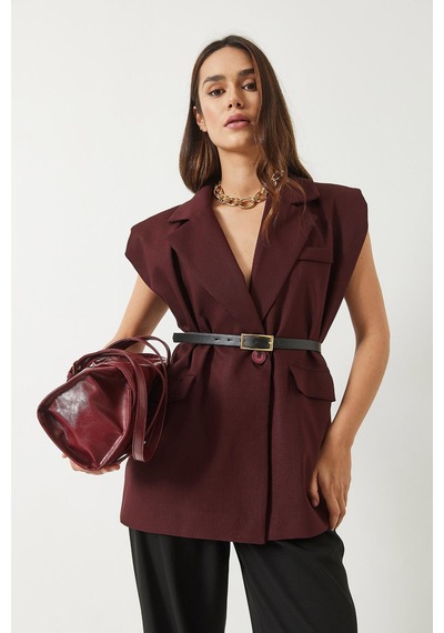 Shade Kadın Cep Detaylı Kemerli Vatkalı Oversize Astarlı Blazer Yelek 11143 60281003 - Bordo