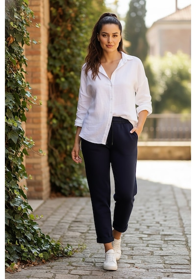 Sy & Black Kadın Çelik Örgü Beli Lastikli Ve Bağcıklı Geniş Beden Aralıklı Jogger Pantolon 25p-03 Lacivert Lacivert