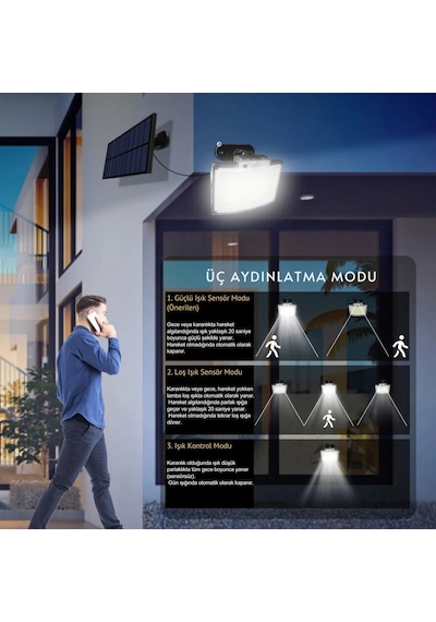 Etashop 228 Led Güneş Enerjili Sensörlü Dış Mekan Lamba Uzaktan Kumandalı Ip65 Projektör Bahçem Gara Çok Renkli