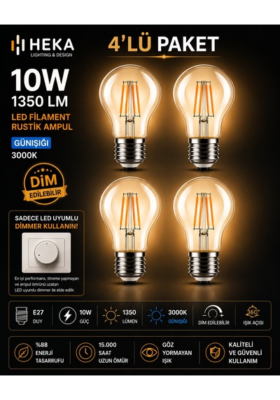 4 Adet Heka 10w Günışığı 3000k E27 Duylu Dim Edilebilir Led Rustik Ampul