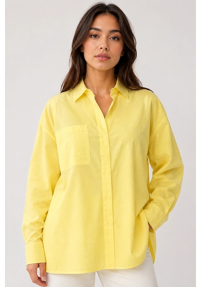 Mevese Menri Kadın Oversize Pensli Cepli Poplin Gömlek - Sarı