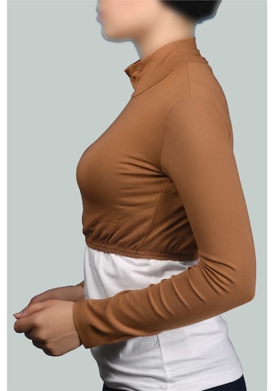 Altobeh Uzun Kol Balıkçı Yaka Boğazlı Likralı Penye Kadın Yarım Body - Taba