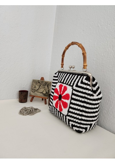 Fikriharika Design Çicek Motifli, Bambu Saplı Klipsli, Kadın El Çantası Çok Renkli