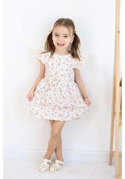 Esila Kids Kız Çocuk Elbise Bayramlık Elbise Çiçek Desenli Fiyonk Detaylı Büzgülü Kollu 3-6 Yaş Somon