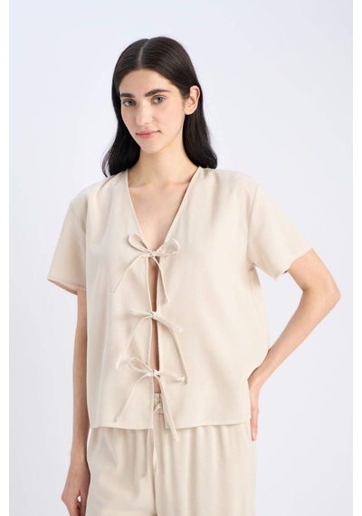DeFacto Pijama Takımı Keten Kısa Kollu Üst Esnek Belli Alt-Fall in Love E3571AX25SPBG778