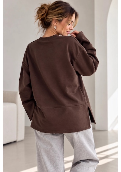 Bb Butik Basic Oversize Yırtmaç Detaylı Bisiklet Yaka Sweatshirt Zg3535 Kahverengi