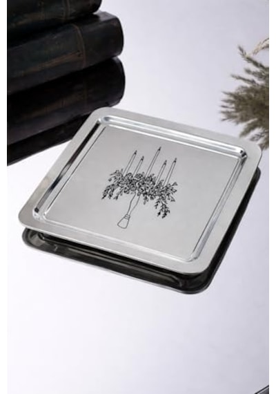 Şamdan Desenli Kare Paslanmaz Çelik Kahve Çay Sunum Ve Dekoratif Tepsi 15cm