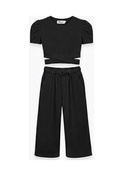 Bubiee Baby Kız Çocuk Siyah Beli Çapraz Detaylı Crop Rahat Kesim Pantolon Set