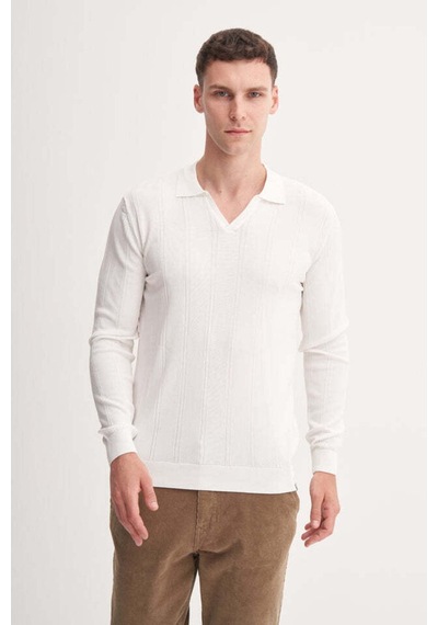 Cazador Slim Fit Rayon Karışımlı Premium Polo Yaka Kazak-33045 ekru