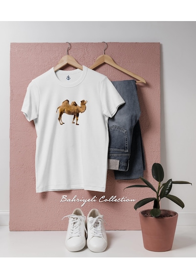 Oversize Deve Camel Tasarımlı Unisex T-shirt Beyaz