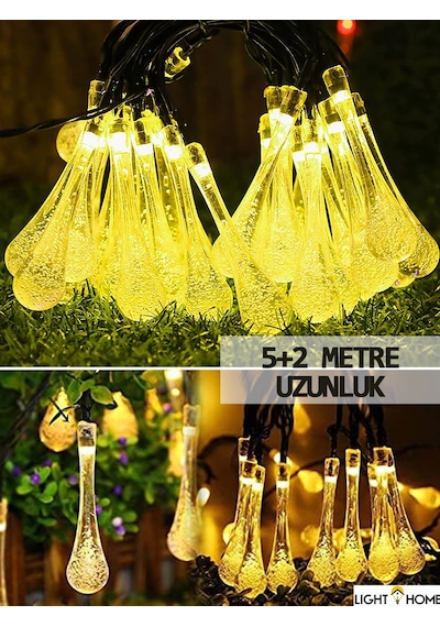 50 Led 7 Metre Sarı Su Damlası Kristal Solar Led Işık Güneş Enerjili Bahçe Teras Balkon Ağaç Lambası Aydınlatma