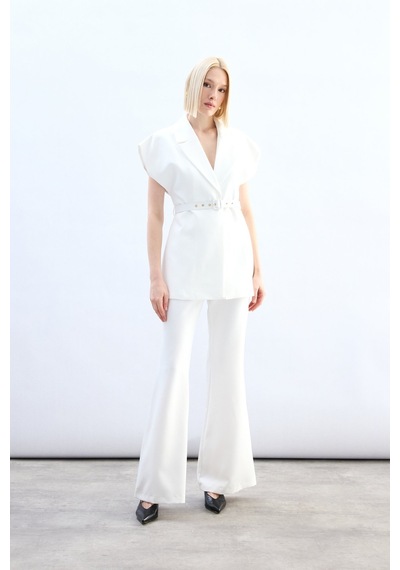 Sateen Kemerli Uzun Yelek - Ekru-136852 Ekru