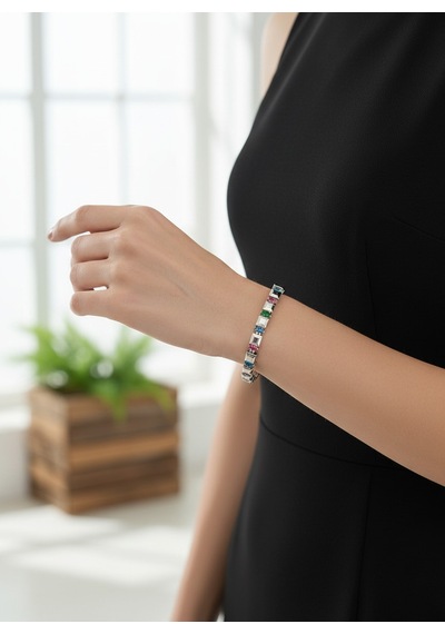 Valmont Accessories Kadın Silver Renk Renkli Taşlı Geometrik Bileklik Gümüş