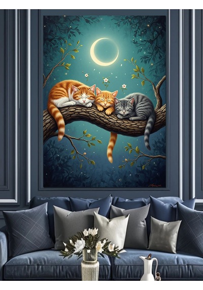 Ahşap Tablo Dalda Uyuyan İki Küçük Kedi