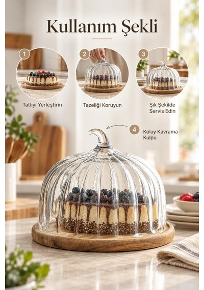 Akasya Ahşap Tabanlı Cam Kek Fanusu 30x24 Cm - Kapaklı Pasta Ve Tatlı Sunumluğu