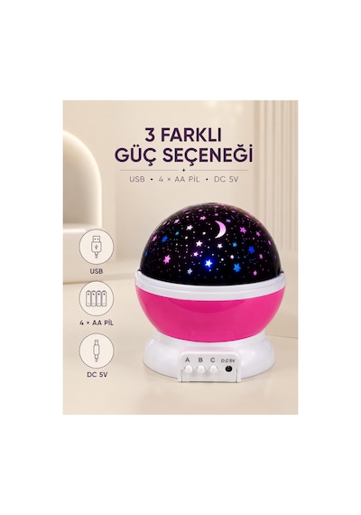 Pembe Yıldızlı Gece Lambası Döner Gökyüzü Projeksiyon Işığı Altın