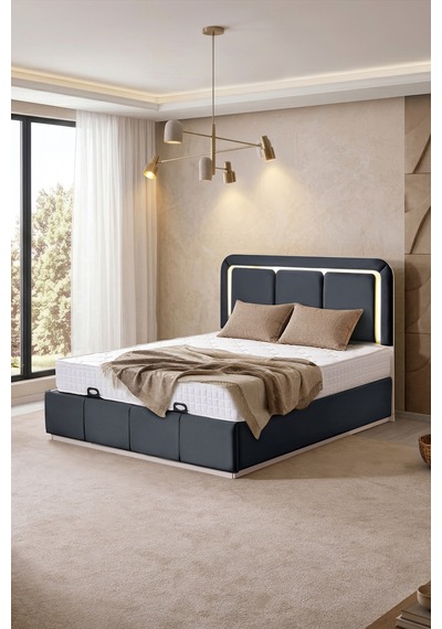 Demonte Baza Seti, Nox Ledli Çift Kişilik Baza Başlık Maxi Yatak Seti, Antrasit - 160x200 Cm 160 x 200